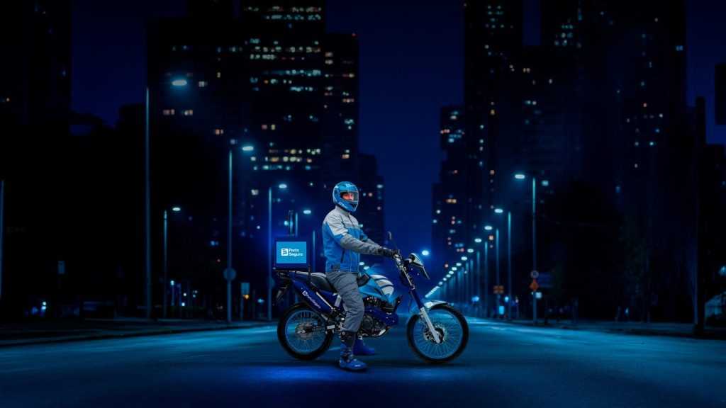 Prestador Porto na moto caracterizada do Projeto 15min no meio de uma rua durante a noite