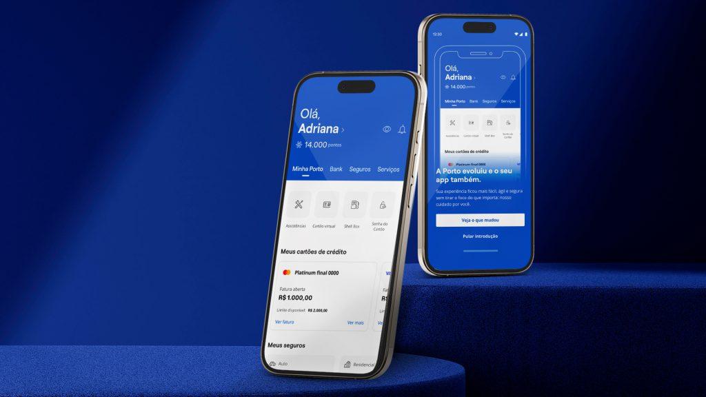 Dois celulares com o app da Porto na tela com fundo azul