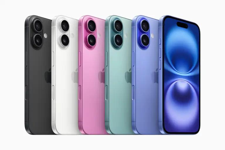 Vários iPhones 16, em todas as cores disponíveis, posicionados de pé e enfileirados diante de um fundo branco