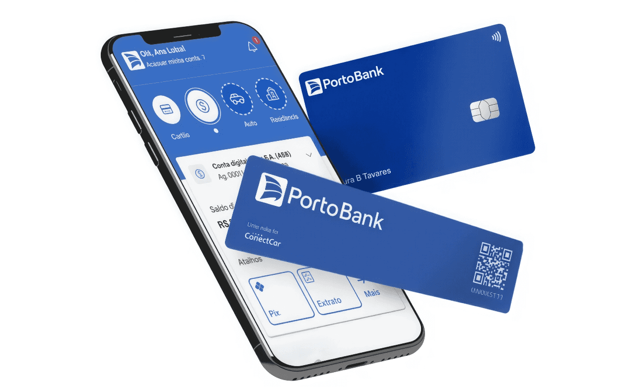 Um celular logado na tela inicial do App Porto, um Cartão Porto Bank e ...