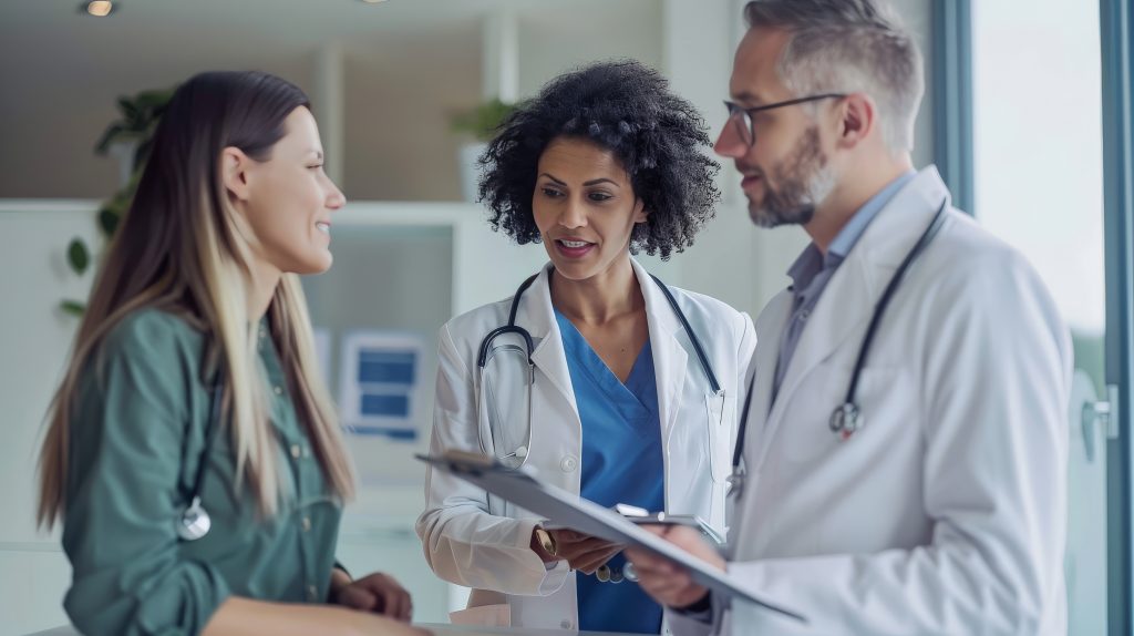 Um profissional de saúde explicando uma ficha médica a pais atentos